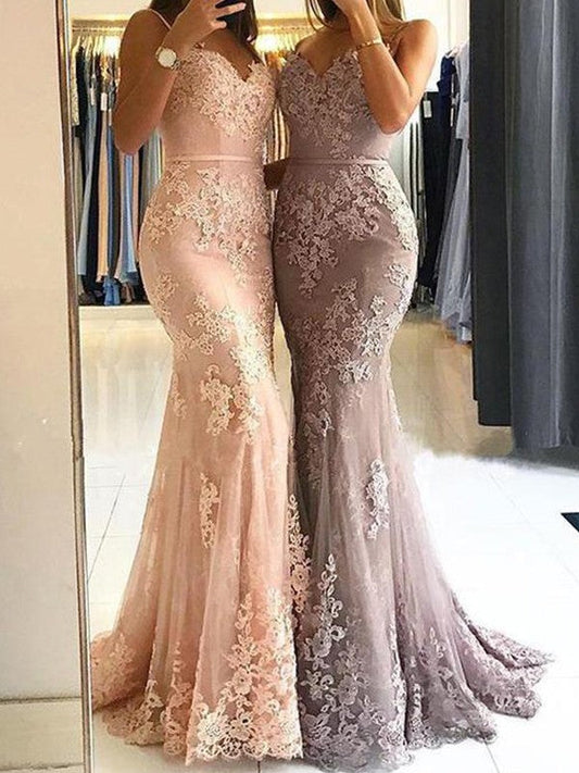 Sheath Spaghetti Straps Sleeveless Sweep/Brush Train With Lace Tulle Prom Dress