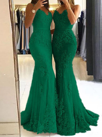 Sheath Spaghetti Straps Sleeveless Sweep/Brush Train With Lace Tulle Prom Dress