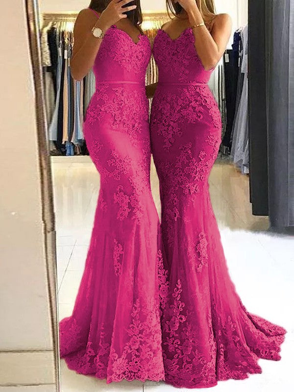 Sheath Spaghetti Straps Sleeveless Sweep/Brush Train With Lace Tulle Prom Dress