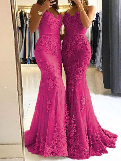Sheath Spaghetti Straps Sleeveless Sweep/Brush Train With Lace Tulle Prom Dress