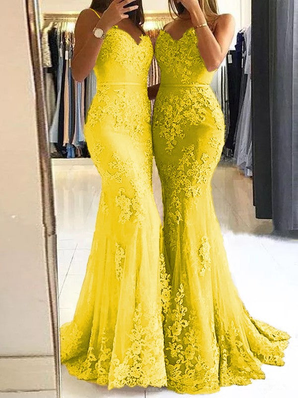 Sheath Spaghetti Straps Sleeveless Sweep/Brush Train With Lace Tulle Prom Dress