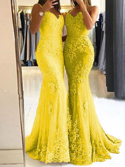 Sheath Spaghetti Straps Sleeveless Sweep/Brush Train With Lace Tulle Prom Dress