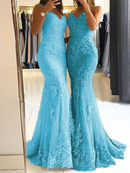 Sheath Spaghetti Straps Sleeveless Sweep/Brush Train With Lace Tulle Prom Dress