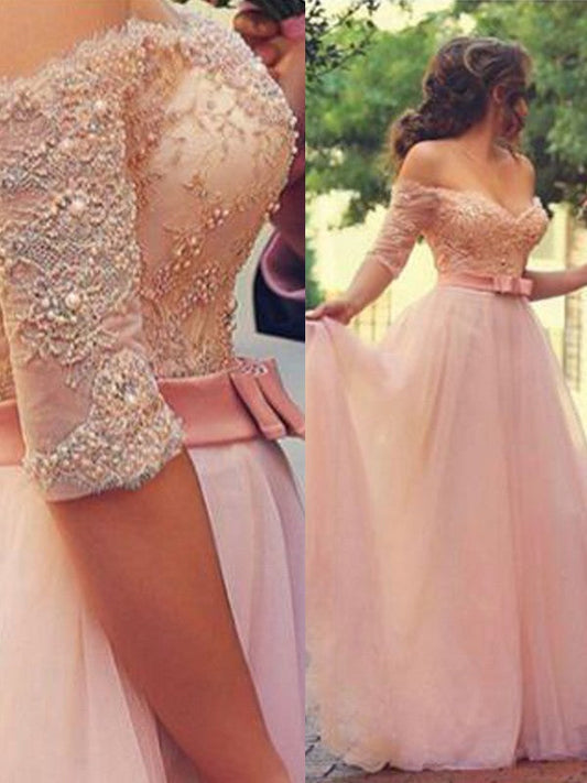 A-Line Off-the-Shoulder 1/2 Sleeves Floor-Length With Lace Tulle Prom Dress