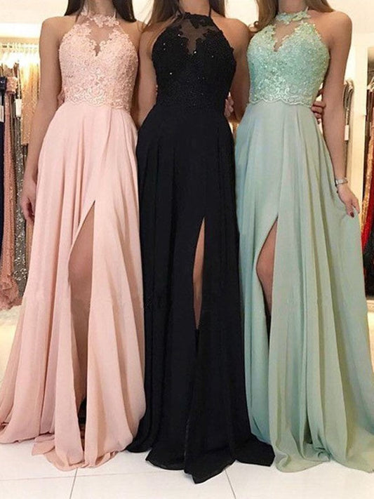A-Line Halter With Applique Sleeveless With Ruched Sweep/Brush Train Chiffon Prom Dress