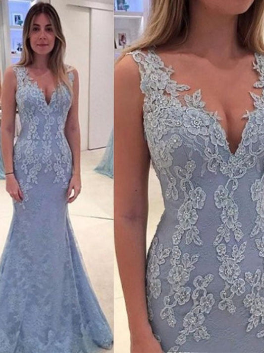 Mermaid V-neck Sleeveless With Applique Sweep/Brush Train Lace Prom Dress