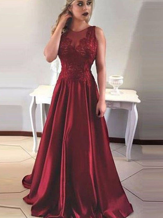 A-Line Scoop Sleeveless Sweep/Brush Train With Applique With Ruched Satin Prom Dress
