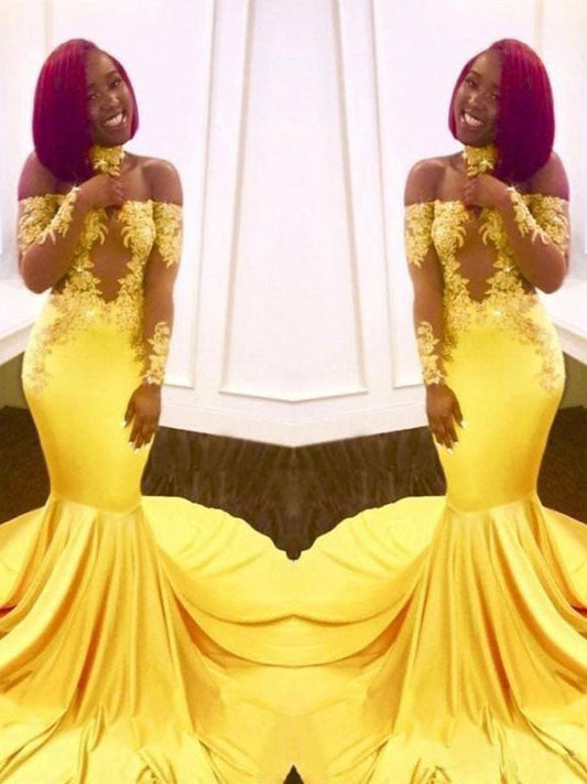 Mermaid Off-the-Shoulder Long Sleeves Sweep/Brush Train With Applique Elastic Woven Satin Prom Dress