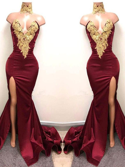 Mermaid Sweetheart Sleeveless Sweep/Brush Train With Applique Satin Prom Dress