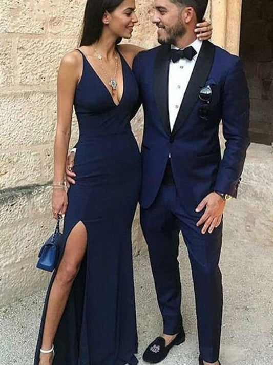 Sheath Straps V-neck Stretch Crepe Sleeveless Floor-Length Prom Dress