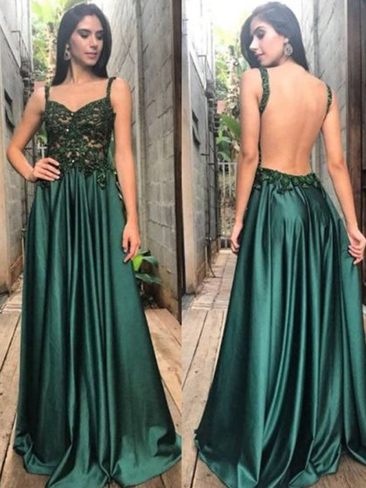 A-Line Straps Sleeveless Floor-Length With Applique With Ruched Satin Prom Dress