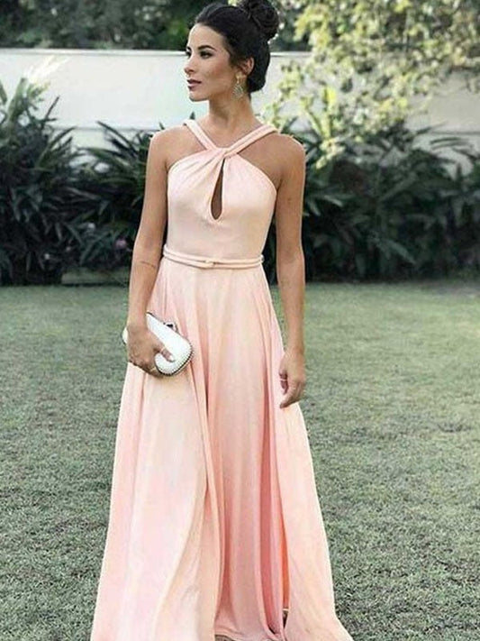 A-Line Halter Sleeveless Floor-Length With Ruched Chiffon Prom Dress