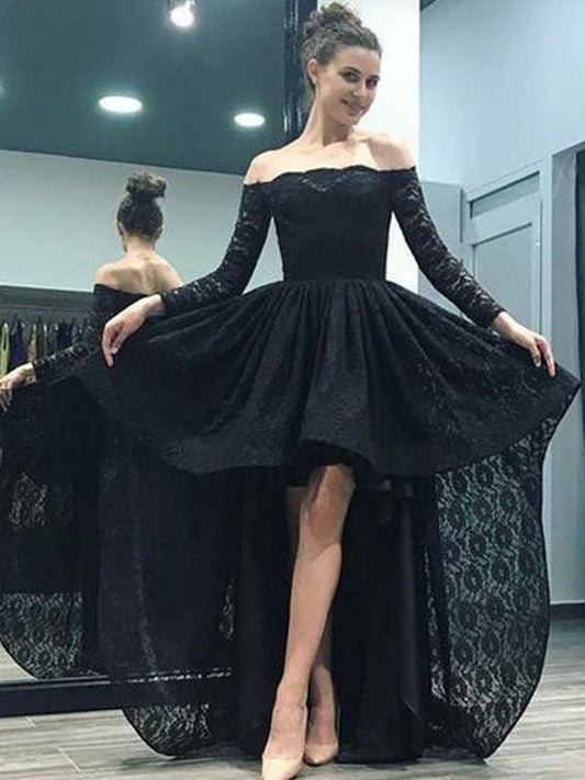 A-Line Off-the-Shoulder Long Sleeves Sweep/Brush Train Asymmetrical Lace Prom Dress