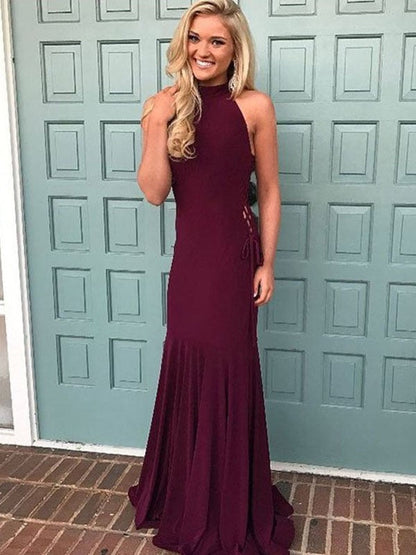 Mermaid Halter Sleeveless Floor-Length Satin With Ruched Prom Dress