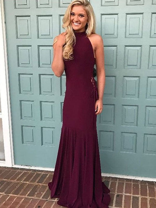 Mermaid Halter Sleeveless Floor-Length Satin With Ruched Prom Dress