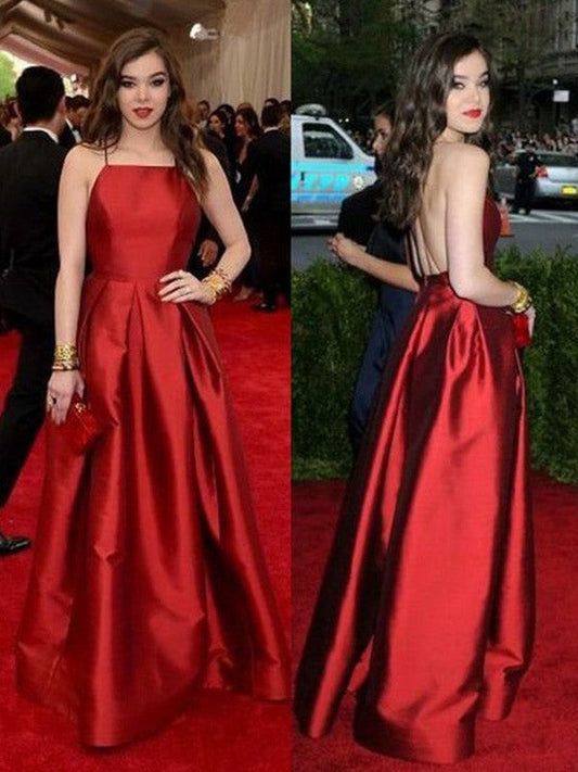 A-Line Spaghetti Straps Sleeveless With Ruched Sweep/Brush Train Satin Prom Dress