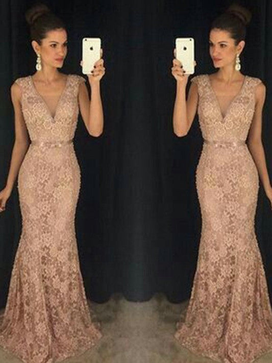 Mermaid V-neck Sleeveless Lace Sweep/Brush Train Prom Dress