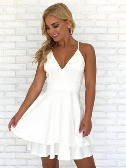 A-Line V-neck Stretch Crepe Sleeveless Pleats Short/Mini Homecoming Dress