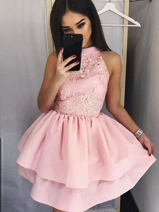 A-Line Lace Jewel Sleeveless Satin Short/Mini Homecoming Dress