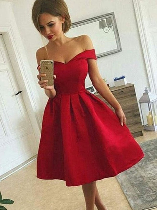 A-Line Satin Off-the-Shoulder Sleeveless With Ruched Knee-length Homecoming Dress