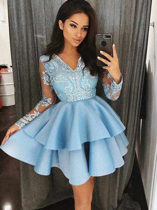 A-Line Satin V-Neck Long Sleeves With Applique Short/Mini Homecoming Dress