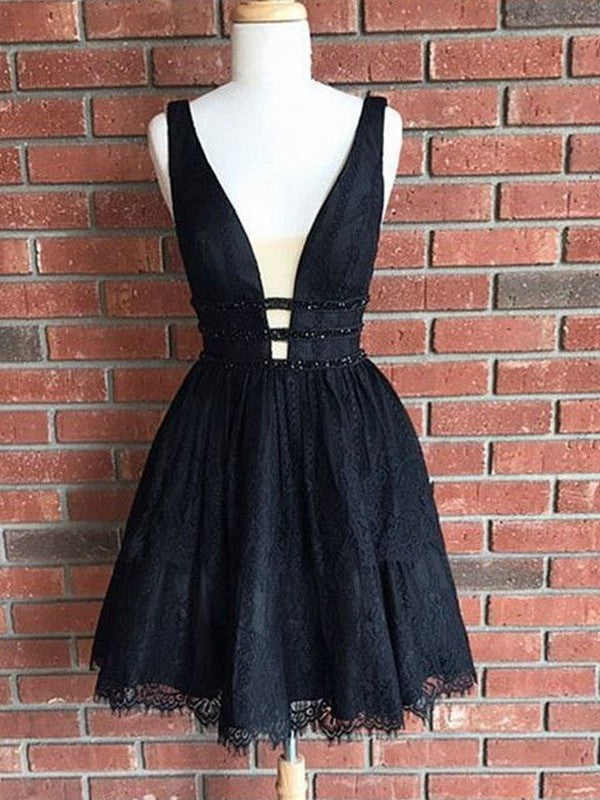 A-Line V-Neck Lace Sleeveless Short/Mini Homecoming Dress