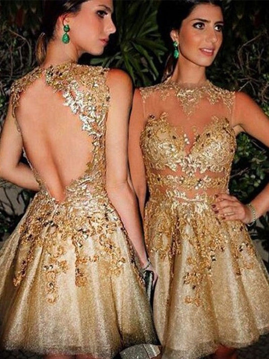 A-Line Bateau Sleeveless Tulle With Applique Short/Mini Homecoming Dress
