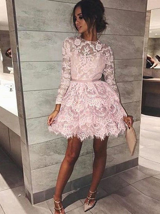 A-Line Bateau Long Sleeves With Beading Lace Short/Mini Homecoming Dress