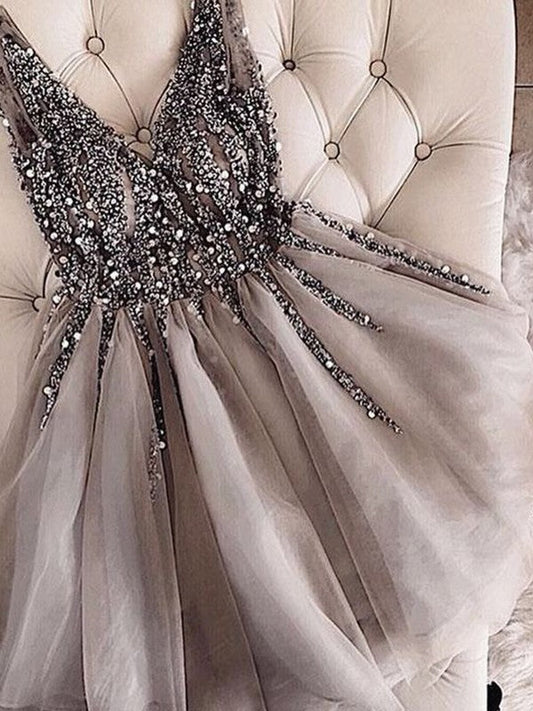 A-Line Sleeveless V-neck Tulle With Sequin Short/Mini Prom Dress