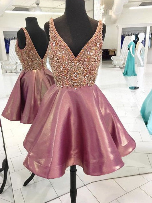 A-Line Sleeveless V-neck Satin With Beading Short/Mini Prom Dress