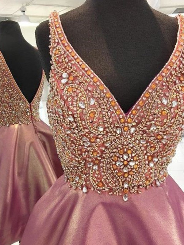 A-Line Sleeveless V-neck Satin With Beading Short/Mini Prom Dress