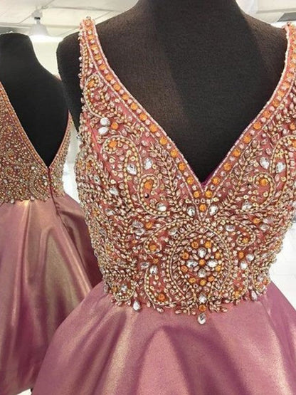 A-Line Sleeveless V-neck Satin With Beading Short/Mini Prom Dress