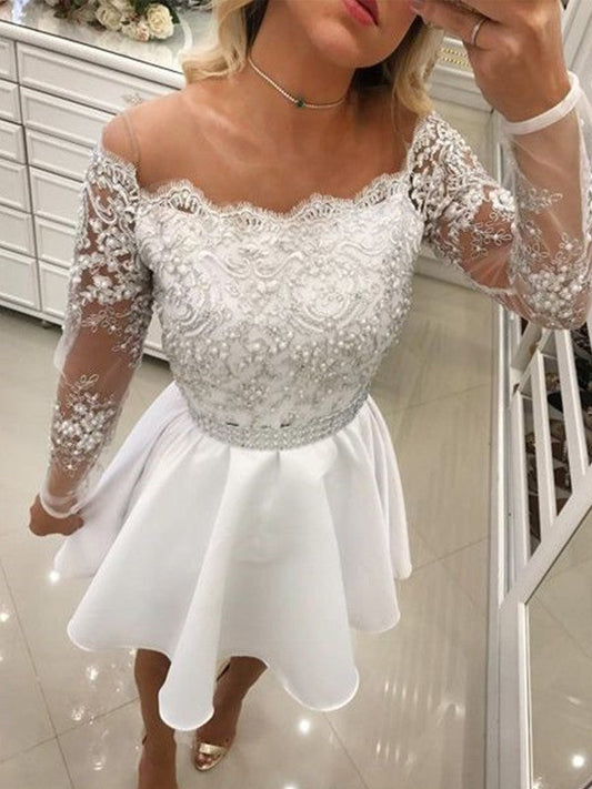 A-Line Long Sleeves Off-the-Shoulder Satin With Beading Short/Mini Prom Dress