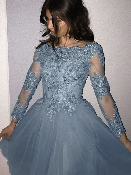 A-Line Long Sleeves Off-the-Shoulder Tulle With Applique Short/Mini Prom Dress
