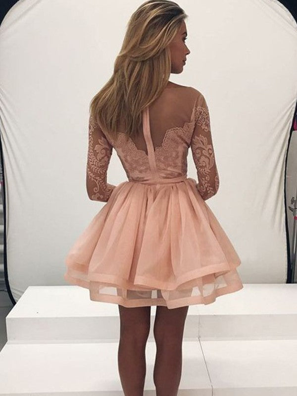 A-Line Long Sleeves Scoop Organza With Applique Short/Mini Prom Dress