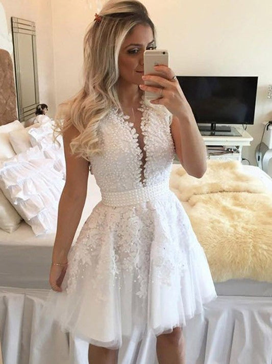 A-Line Sleeveless V-neck Tulle With Beading Short/Mini Prom Dress