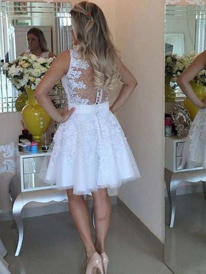 A-Line Sleeveless V-neck Tulle With Beading Short/Mini Prom Dress