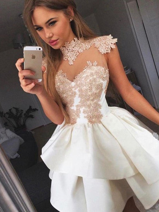 A-Line Sleeveless High Neck Satin With Applique Short/Mini Prom Dress
