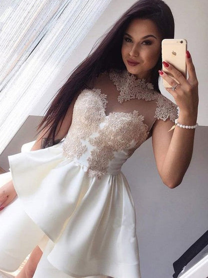 A-Line Sleeveless High Neck Satin With Applique Short/Mini Prom Dress
