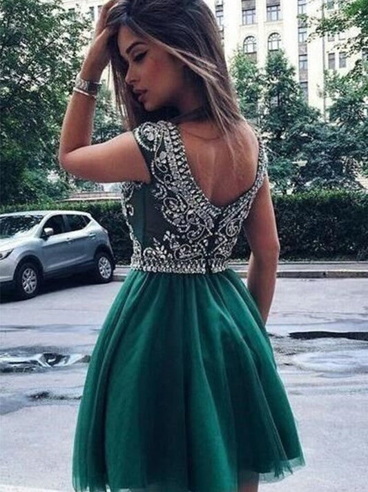 A-Line Sleeveless Scoop Tulle With Beading Short/Mini Prom Dress