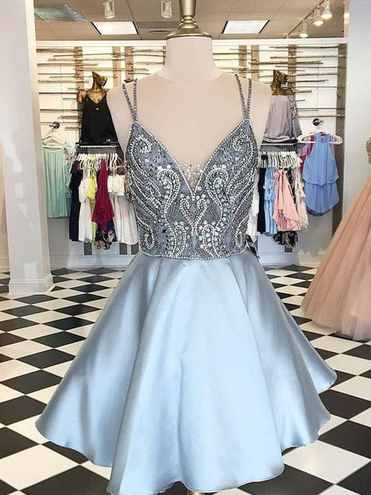 A-Line Sleeveless Spaghetti Straps Satin With Beading Short/Mini Prom Dress