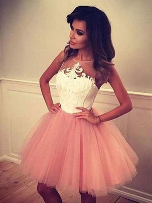 A-Line Sleeveless Bateau Tulle With Applique Short/Mini Prom Dress