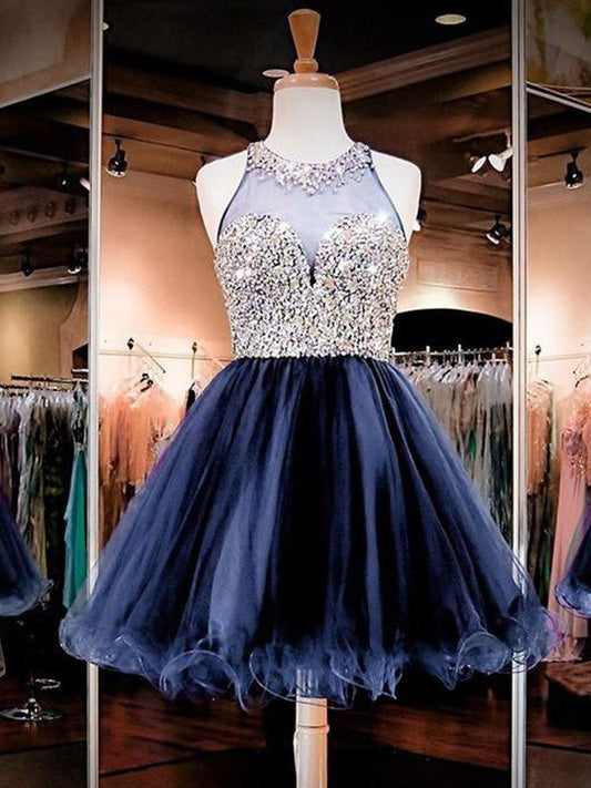 A-Line Sleeveless Bateau Tulle With Beading Short/Mini Prom Dress
