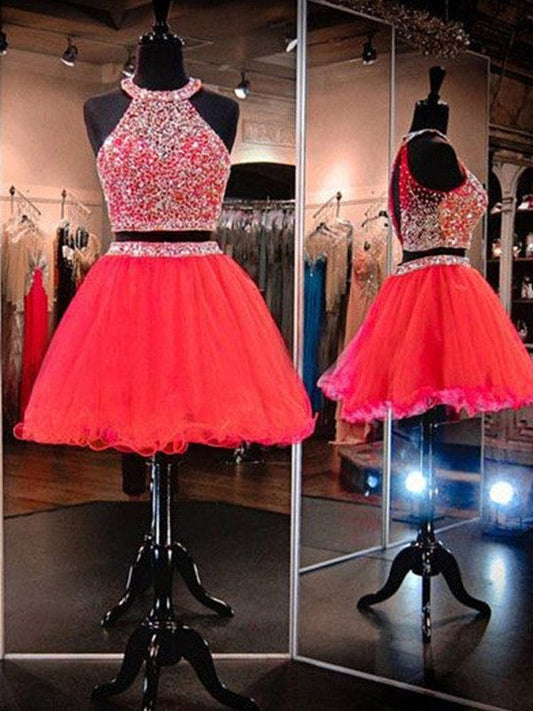 A-Line Sleeveless Halter Tulle With Beading Short/Mini Two Piece Prom Dress