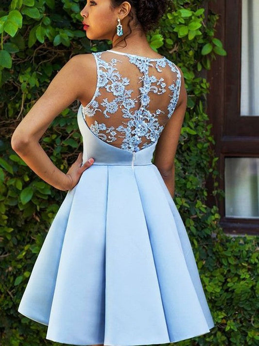 A-Line Sleeveless Bateau Satin With Applique Short/Mini Prom Dress