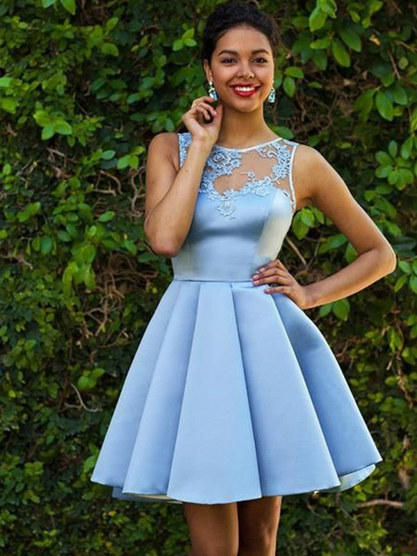 A-Line Sleeveless Bateau Satin With Applique Short/Mini Prom Dress