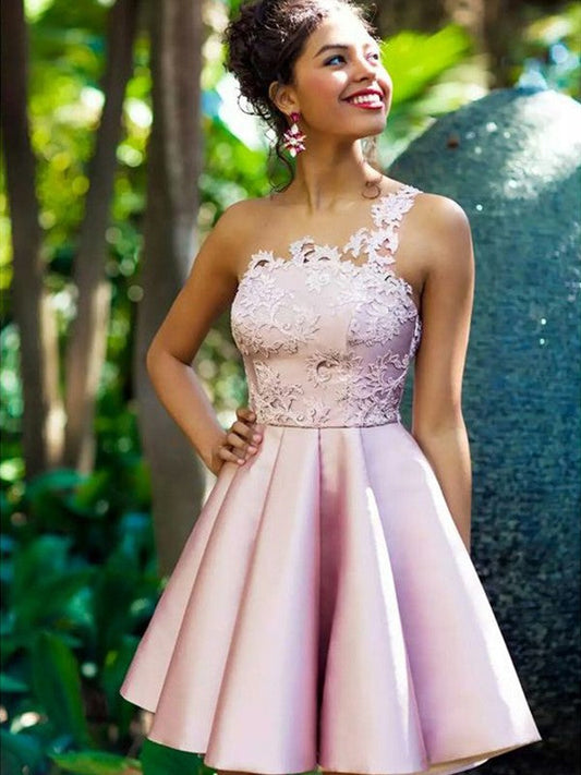 A-Line Sleeveless One-Shoulder Satin With Applique Short/Mini Prom Dress