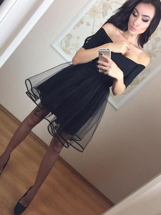 A-Line 1/2 Sleeves Off-the-Shoulder Tulle Short/Mini Prom Dress