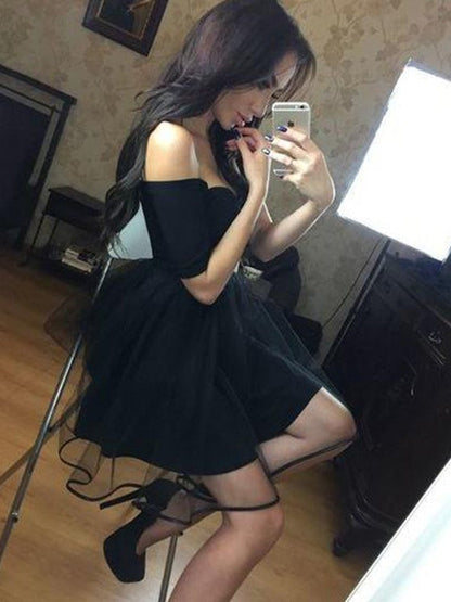 A-Line 1/2 Sleeves Off-the-Shoulder Tulle Short/Mini Prom Dress