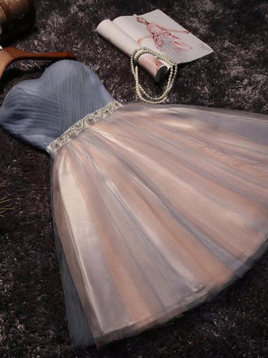 A-Line Sleeveless Sweetheart Tulle With Beading Short/Mini Prom Dress